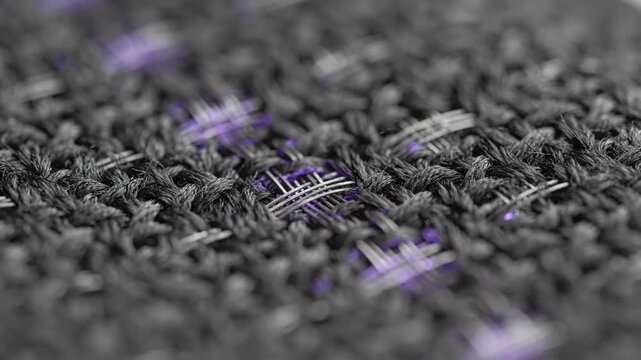Extreme macro cinematic shot: charcoal smart textile with silver filaments, faint lavender signal, subtle haptic micro-tension in studio.