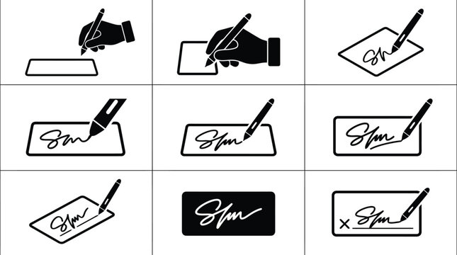 Eine Sammlung von neun Schwarz-Wei&szlig;-Symbolen, die verschiedene Aspekte des Unterschreibens von Dokumenten und digitalen Signaturen mit einem Stift darstellen.