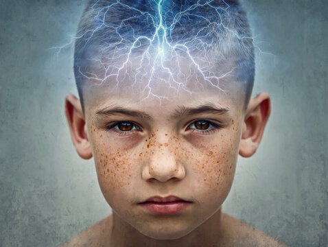 Closeup portrait of a little boy with surreal electric effect of lightning bolts as neural synapses firing across his head, suggesting a brainstorm, intense focus, and child thought power
