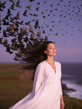 Relaxed woman stands peacefully on a cliff by the sea as her hair dissolves into a flock of birds, soaring into a twilight sky. Surreal, poetic scene symbolizing freedom, mindfulness, and liberation