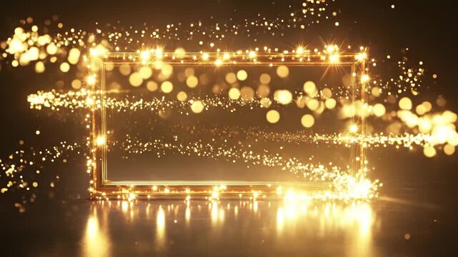 Golden rectangular frame illuminated by bright string lights and evolving particle effects, ideal for celebrating a festive occasion
