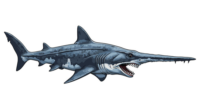 Highly detailed and aggressive illustration of a sawfish, showcasing its menacing saw-like rostrum, sharp teeth, and powerful body in a realistic style.