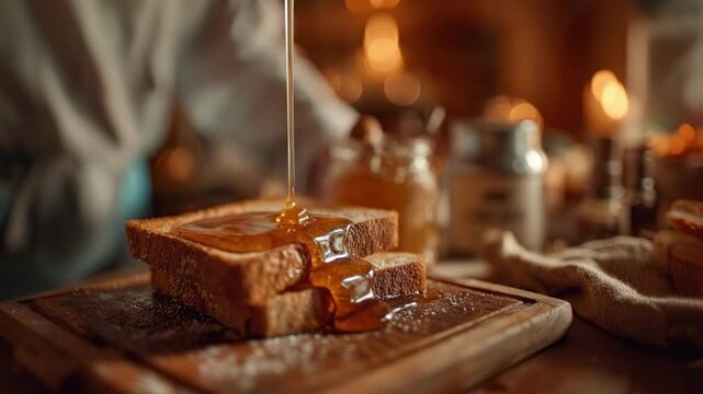 Slices of toasted bread stacked on wooden cutting board with honey drizzled by dipper warm ambient lighting rustic breakfast scene golden tones close-up view