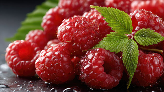 Fresh vibrant red raspberries with green leaves close up, ripe summer fruit covered in sparkling water droplets, celebrating healthy eating and natural flavor
