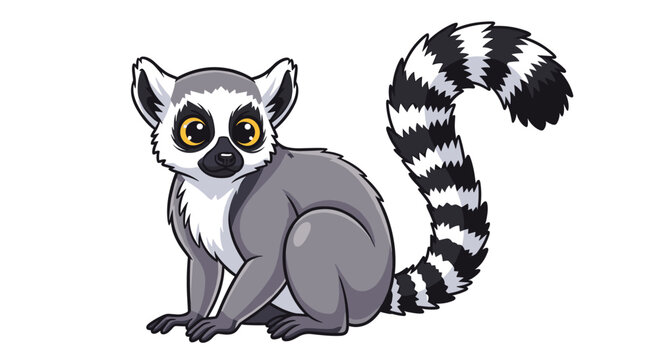 Adorable cartoon-style vector illustration of a ring-tailed lemur sitting, highlighting its distinctive striped tail, bright eyes, and friendly demeanor.