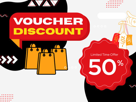 Voucher discount promotion graphic with shopping bags and limited time 50 percent off tag fifty percent hot deal price reduction call to action buy now
