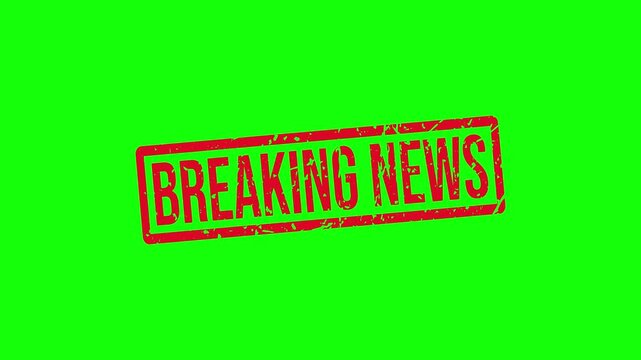 Breaking News Red Rubber Stamp Animation with Grunge Texture on White and Green Screen Background for News Report and Urgent Announcement.