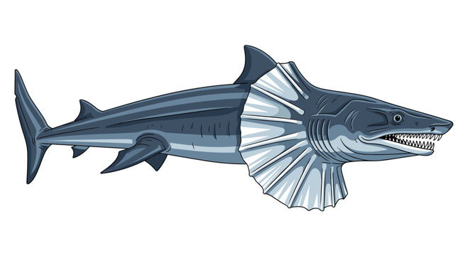 Unique and fearsome digital illustration of a frilled shark, showcasing its distinctive frilled gills and elongated body, a deep-sea predator.