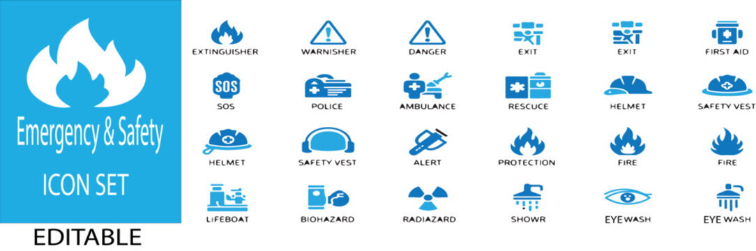 Emergency & Safety icon rescue, helmet safety , first aid, exit, fire, eye wash , protection one white background 