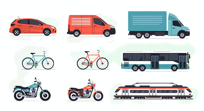 A diverse collection of vehicles including cars, vans, trucks, bicycles, motorcycles, buses, and trains, illustrating various modes of transportation.