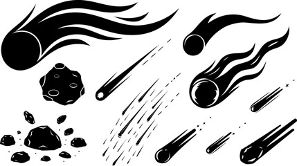 Meteor Comet Asteroid Falling Star Fireball Space Rock Silhouette Vector Set Bundle © MinhajulIslam