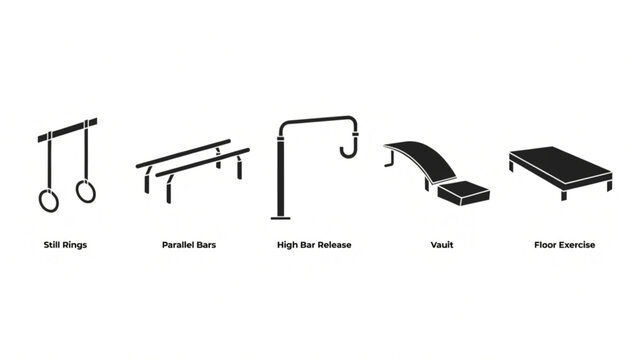 Gymnastics Equipment Still Rings Parallel Bars High Bar Vault Floor Exercise Icon Vector Set
