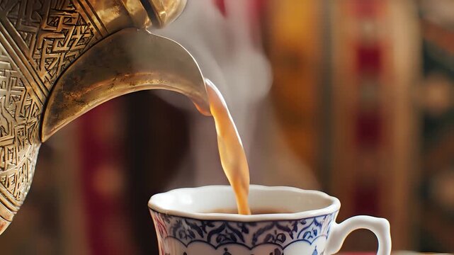 Traditional Arabic Coffee Pouring into a Decorative Cup.