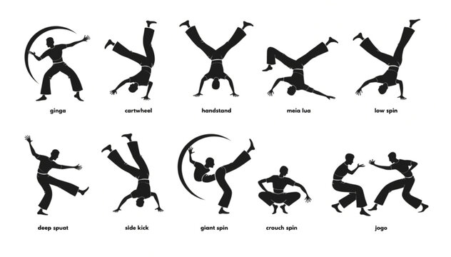 Capoeira Martial Arts Dance Ginga Cartwheel Handstand Kick Spin Silhouette Vector Set