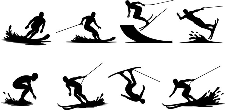 Water Skiing Snow Skiing Action Silhouette Vector Set Extreme Sport Athlete Illustration