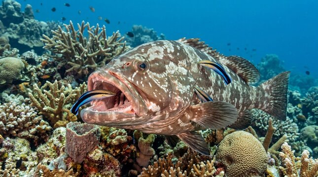 Symbiotic cleaning station: cleaner wrasse tending to a large grouper in a coral reef