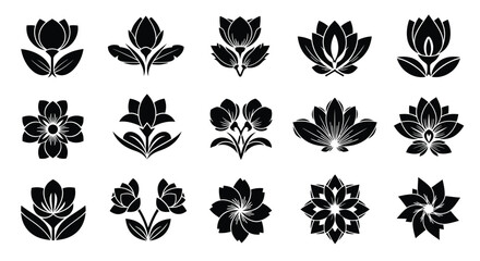 Fototapeta premium Floral arrangement collection black flower silhouettes on white background high quality