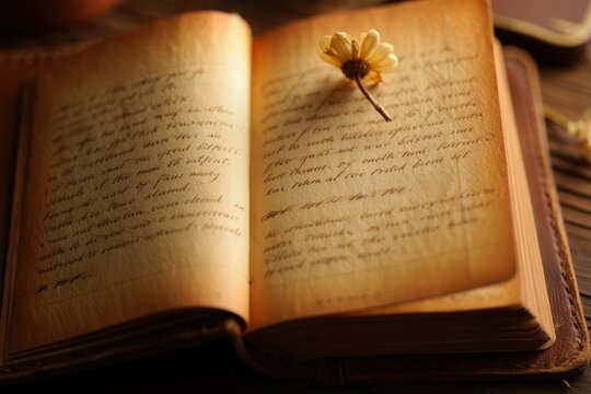 Vintage Open Book with Dried Flower and Handwritten Script
