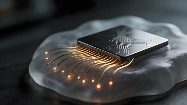 Brain computer interface concept with realistic microchip and gold wires