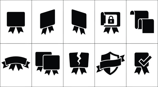 Black certificate icons set, 10 vector award and guarantee symbols, flat legal document and security shield signs for business certification