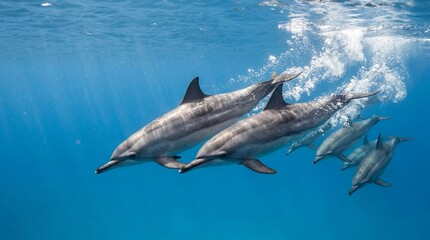 Fototapeta premium Underwater Pod of Dolphins Playing in Sunlight