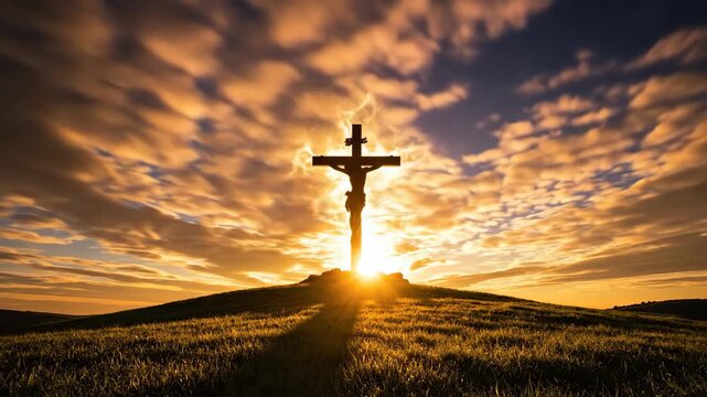 Cross silhouette with crucifixion of Jesus on a hill at sunset, symbolic for resurrection and religious hope