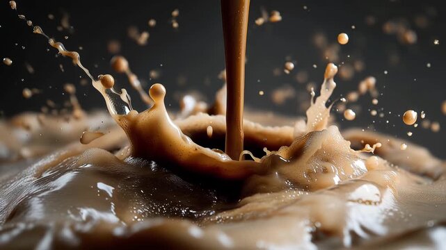 4K Ultra HD Dynamic splash of creamy chocolate milk or coffee liquid with droplets and ripples on a dark background video
