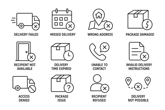 Set of delivery failure reason icons with crossed symbols