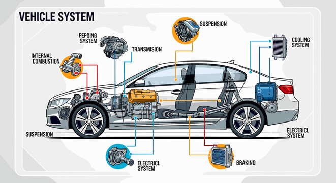 Detailed cutaway diagram illustrating various internal systems and components of a modern vehicle, including engine, transmission, suspension, cooling, electric, and braking systems.