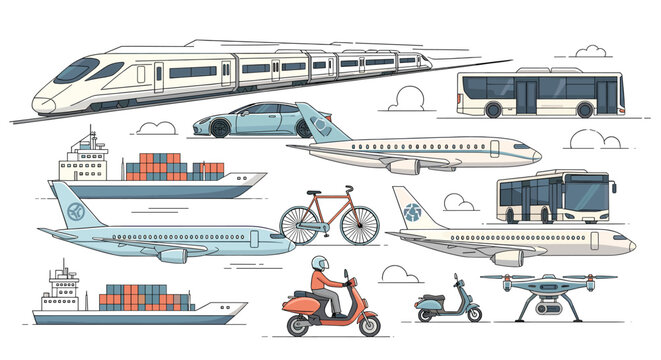 A diverse collection of modern transportation vehicles, including trains, cars, airplanes, ships, buses, scooters, bicycles, and drones, illustrating various modes of travel and logistics.