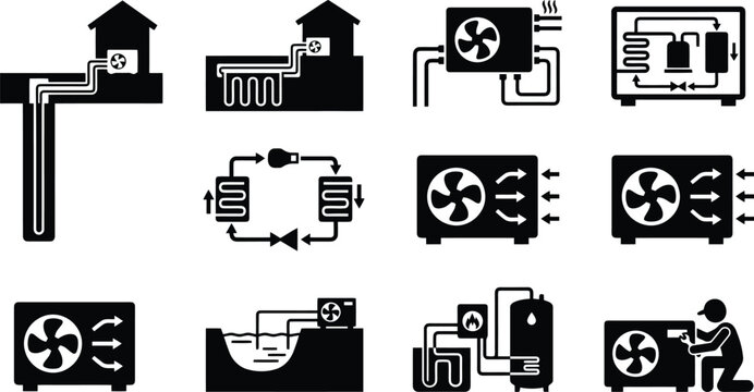 Geothermal heat pump icons set, renewable energy HVAC system diagrams, sustainable home heating and cooling technology vector illustrations