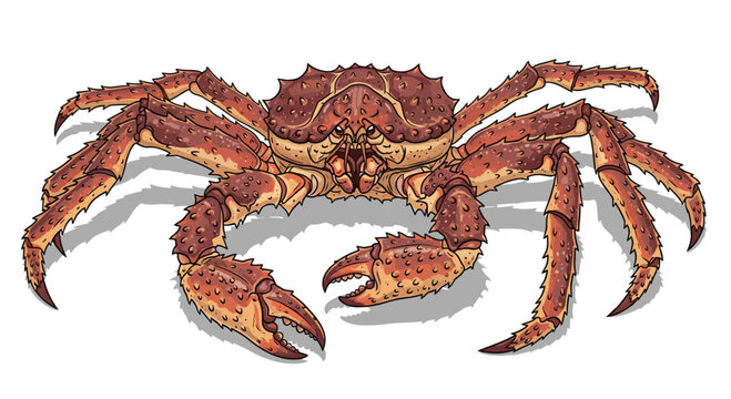 Highly detailed digital illustration of a king crab, showcasing its spiny, armored shell and powerful claws in a dynamic perspective against a white background.