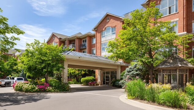A bright, sunny day showcases a well-maintained brick apartment building with lush greenery and a covered entrance, creating a welcoming and serene atmosphere.