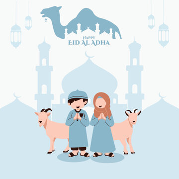 Eid al Adha vector illustration &ndash; islamic festival design with mosque crescent moon goat