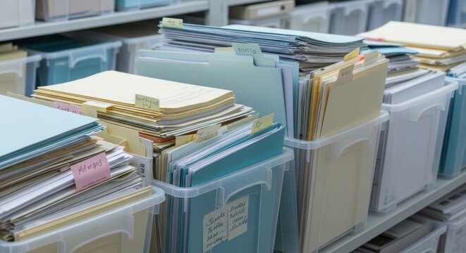 Numerous plastic storage bins overflowing with stacks of manila folders and loose documents for efficient record keeping.