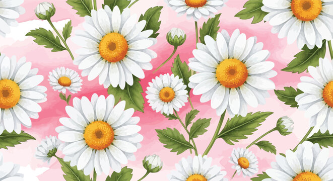 Seamless vector pattern of white daisies with green leaves and buds on a soft pink watercolor background, perfect for floral designs and backgrounds