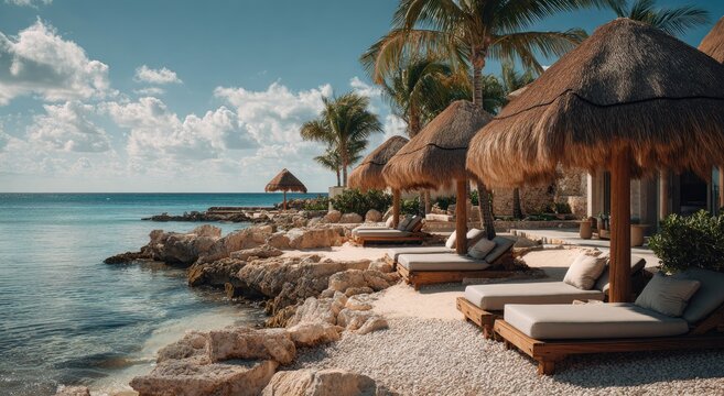 A serene coastal scene features thatched-roof palapas and inviting lounge chairs along a rocky shoreline.
