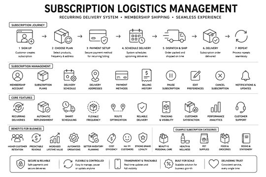 Subscription logistics management system workflow infographic
