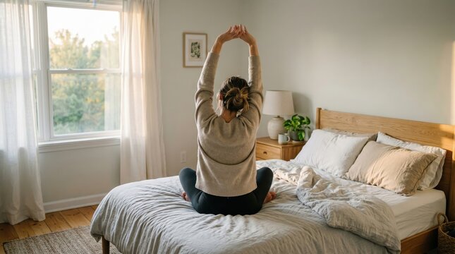 Woman Stretching On Bed During Bright Morning Routine