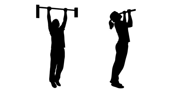Two silhouettes demonstrating proper barbell overhead press technique with correct form. Vector, illustration