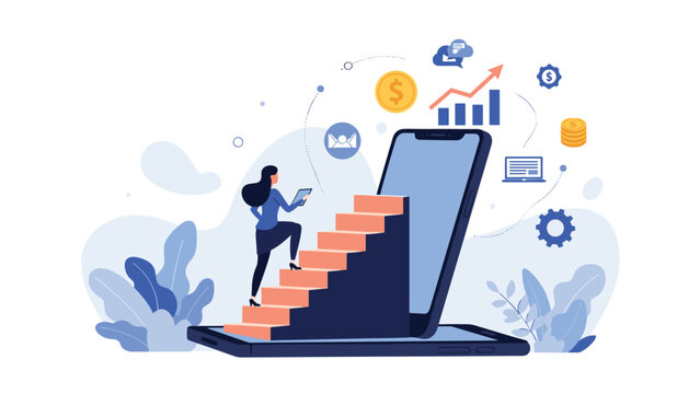 Ambitious woman climbing a career ladder of success on a giant smartphone screen towards financial goals and prosperity.