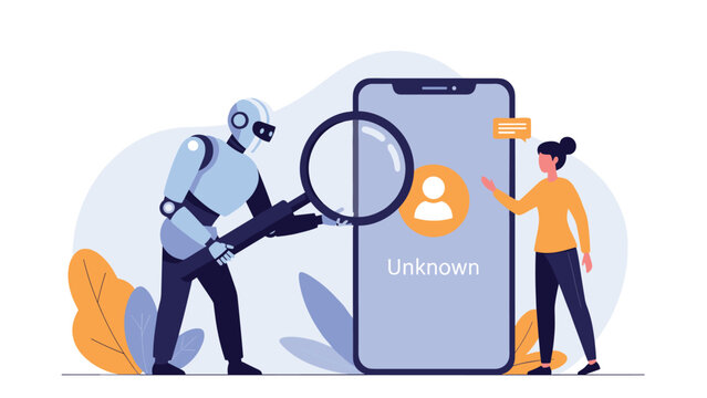 Advanced robot using a magnifying glass to verify identity of unknown user on smartphone for cybersecurity and data privacy.