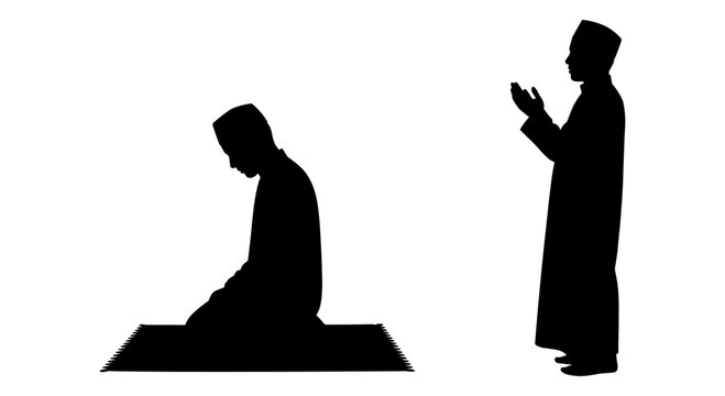 Silhouette depiction of a person performing sujud during prayer with another standing nearby. Vector, illustration