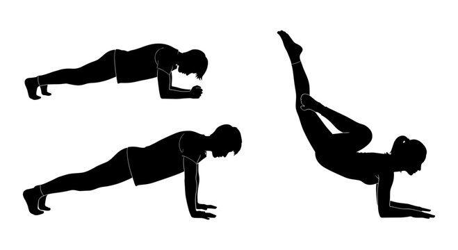 Three variations of the plank exercise for core strengthening and stability. Vector, illustration