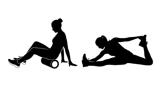 Two individuals performing foam roller exercises for muscle recovery and flexibility Vector, illustration