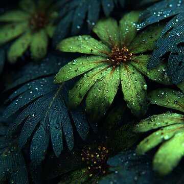 Close-up of a green lacewing insect on a leaf with water droplets