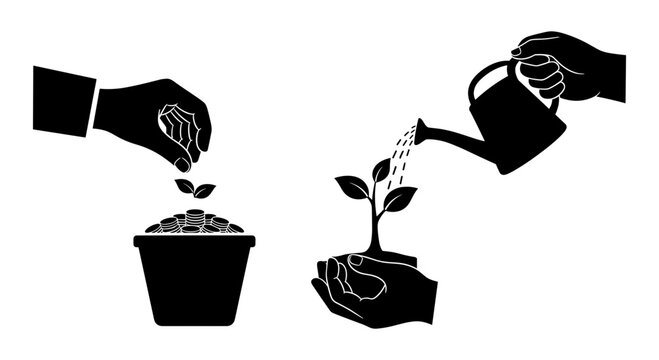 Two hands collaboratively planting and nurturing a growing seedling in pots. Vector, illustration
