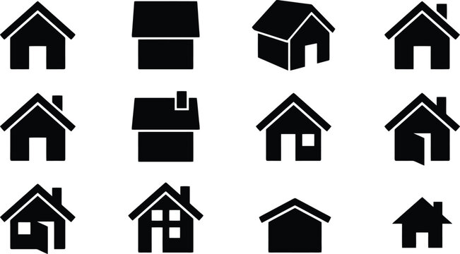 Minimalist House Home Silhouette Vector Icon Set for Real Estate Marketing, Residential Architecture & Property Website Interface Design (EPS)