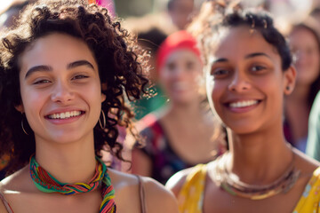 Fototapeta premium Close-up portrait of two happy diverse young women smiling at a sunny outdoor festival