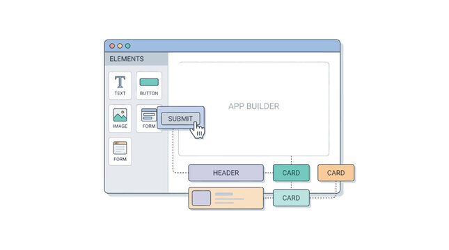 App builder interface with UI elements and user flow diagram for web or mobile development